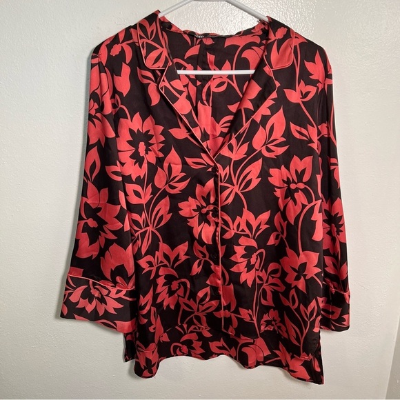 Zara Button Down Satin Blouse Brown Pink Floral L - Picture 3 of 10